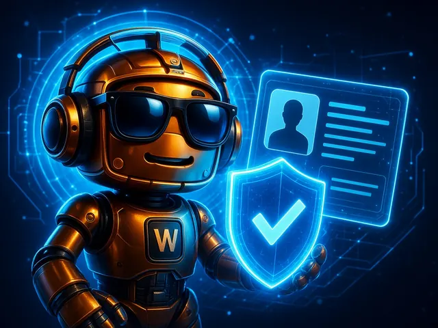 Illustration: the copper Whiskey Bots robot in sunglasses next to a glowing ID card and a shield with a check mark