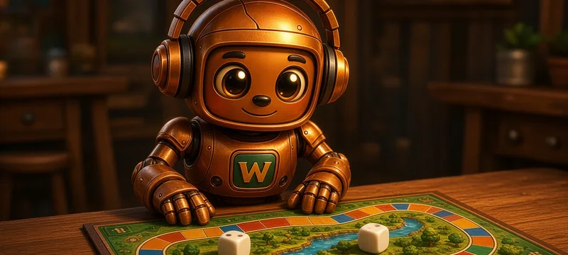 Illustration: the copper Whiskey Bots robot in headphones at a wooden table, with two dice and an original board whose track follows a river bend