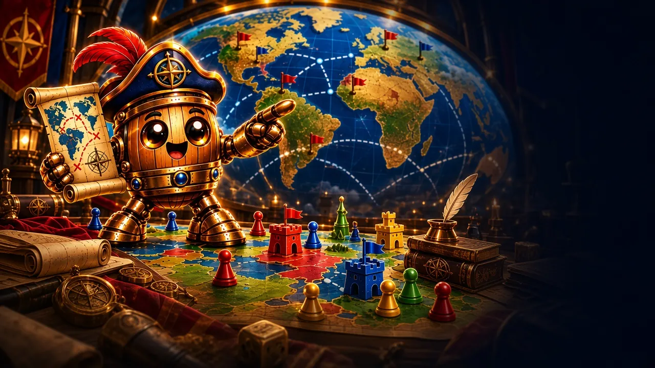 Illustration: the copper Whiskey Bots barrel robot in a feathered navy explorer's hat, holding a treasure map and pointing at a glowing globe of the real world, above a war table of coloured territories, castle towers and pawns