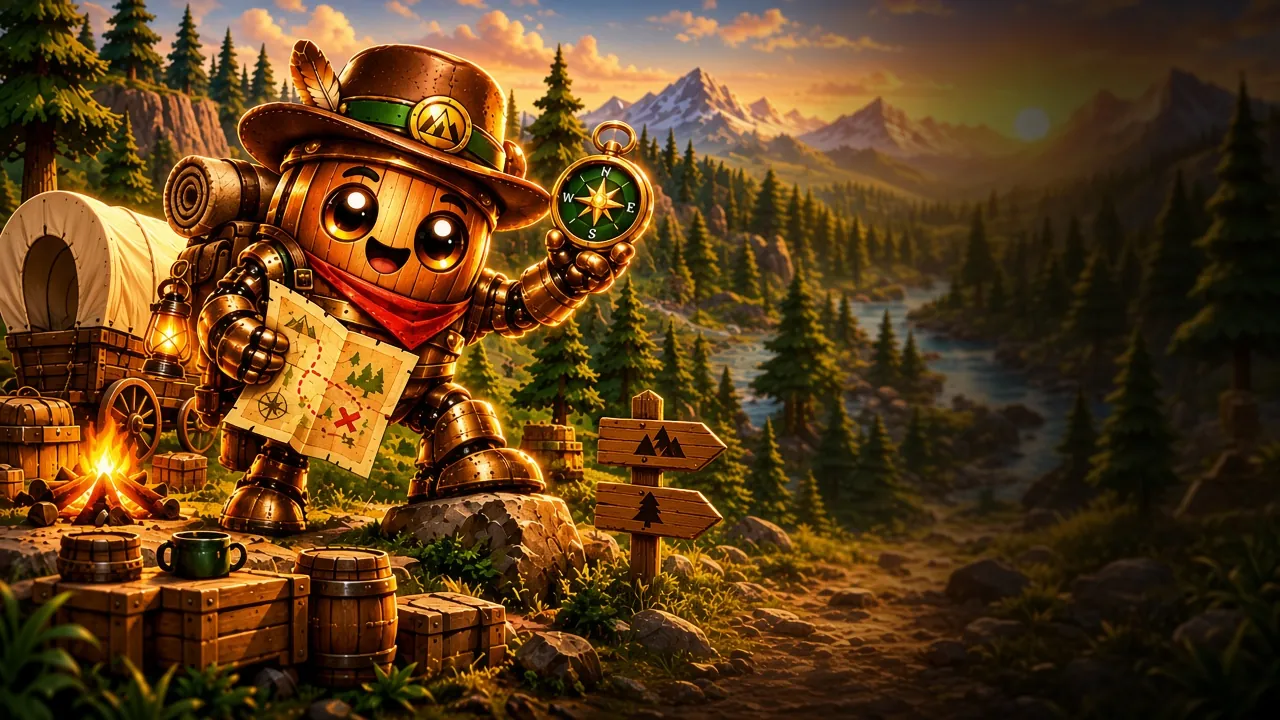 Illustration: the copper Whiskey Bots barrel robot in a feathered trail hat and red neckerchief, holding a hand-drawn map and a glowing compass at a camp with a covered wagon, a campfire, barrels and trail signposts, above a pine valley with a river and mountains at sunset